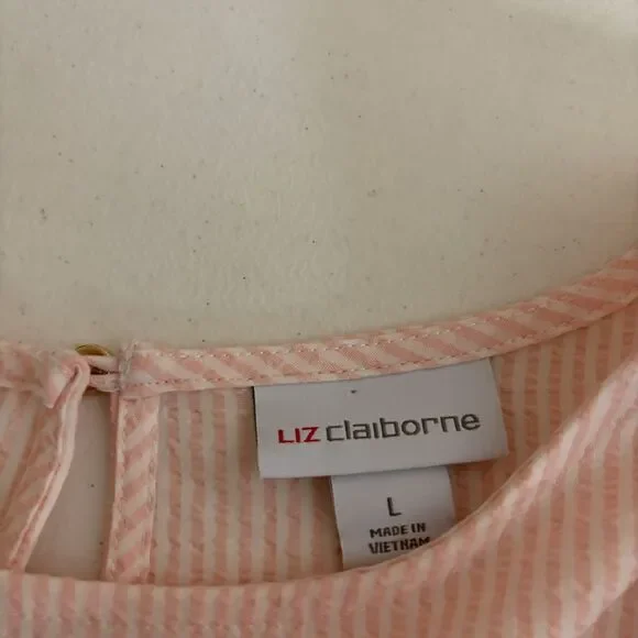 Liz Claiborne Blouse Women's Large Pink Striped Seersucker Long Sleeve Top Sheer - Picture 6 of 8
